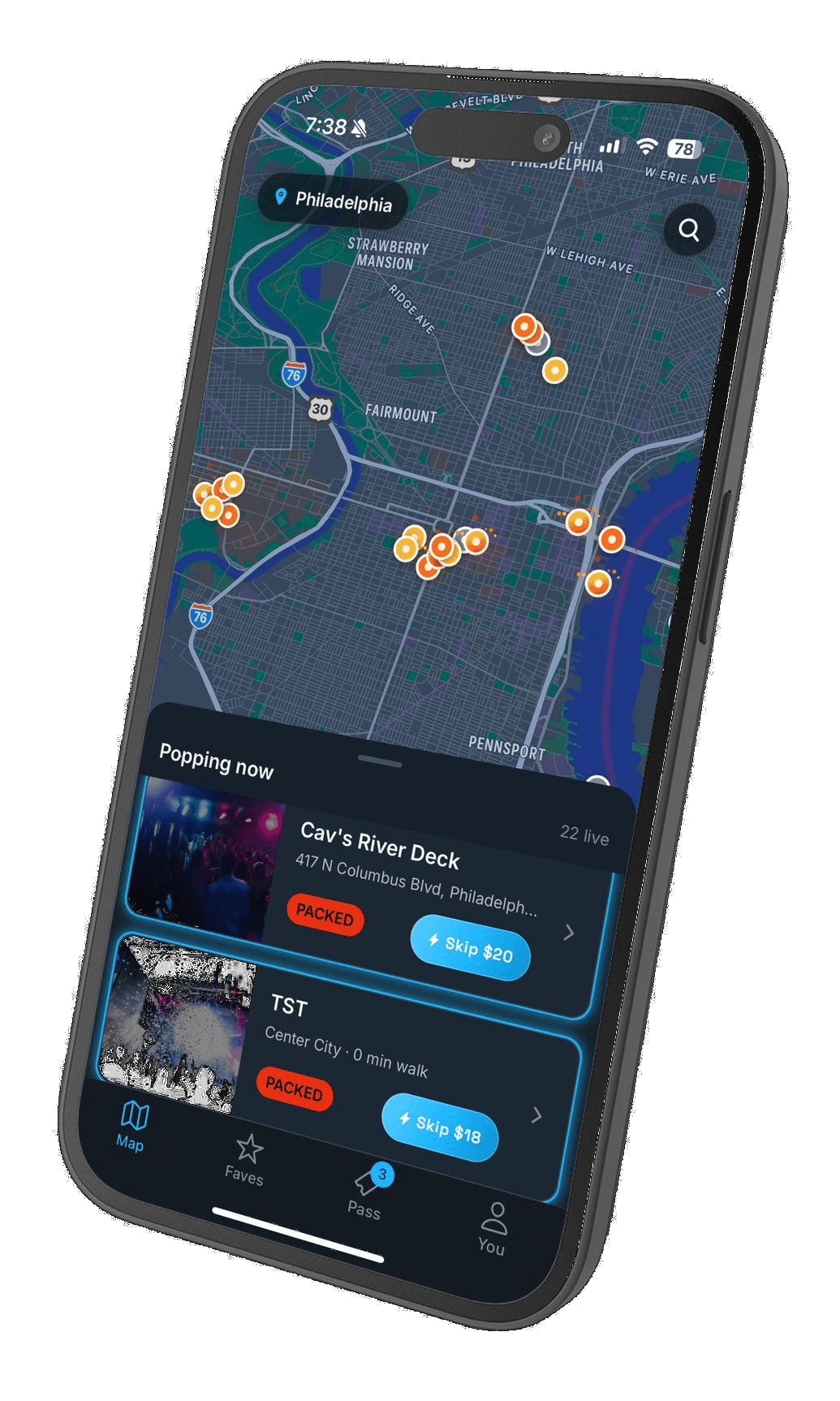 Nightlyfe app — Philadelphia live bar map with crowd fire pins, skip-line passes