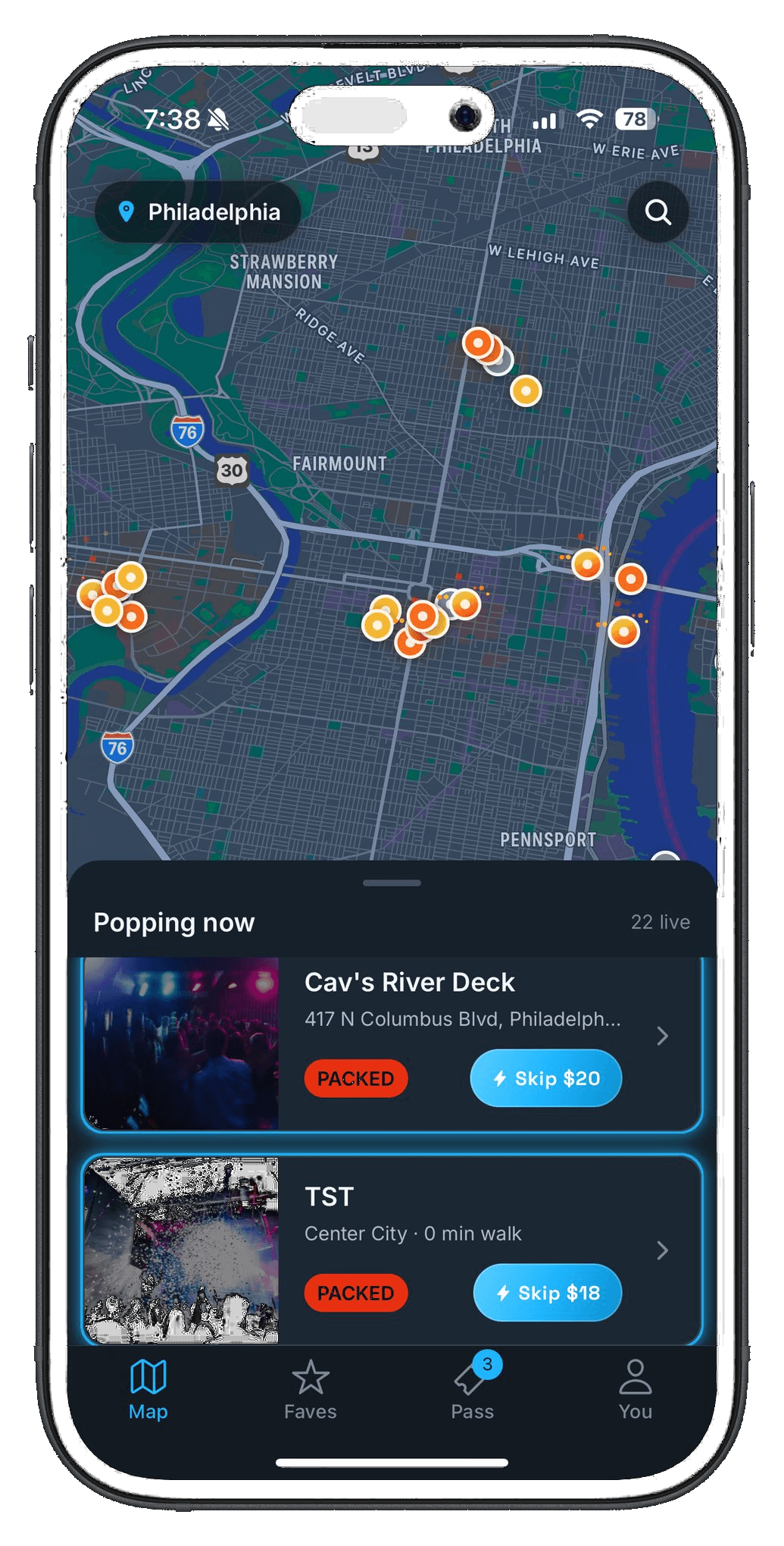 Nightlyfe app — Philadelphia live bar map with crowd pins showing busy and packed bars